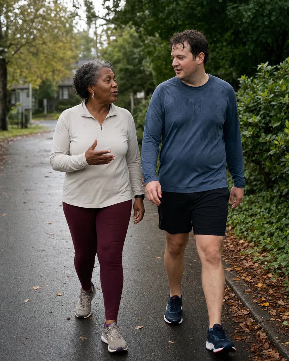 Two run-walk companions talking as they move along a damp neighbourhood path.