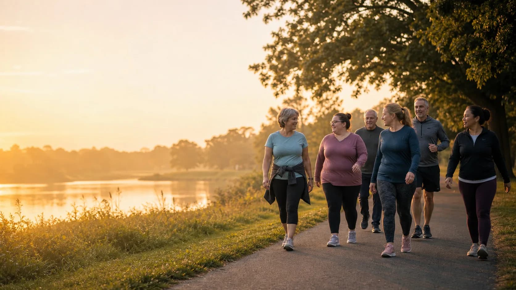 A group of adults walking and gently jogging together beside a lake in warm morning light.