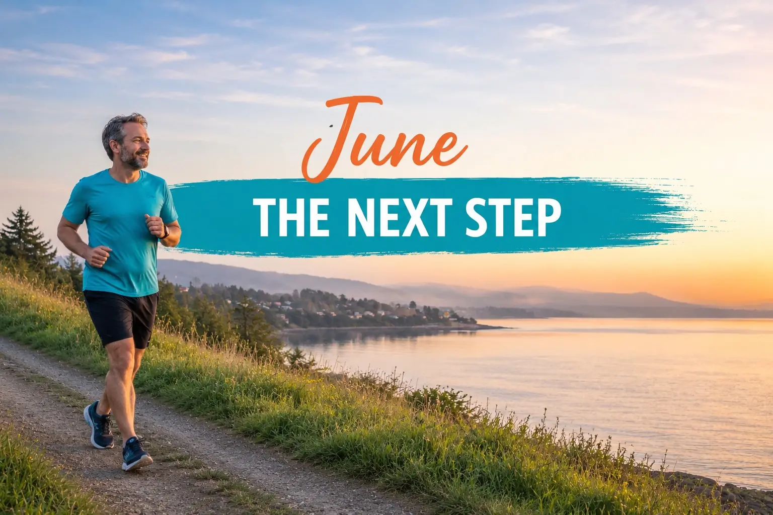 A runner on a coastal path with June: The Next Step challenge artwork.