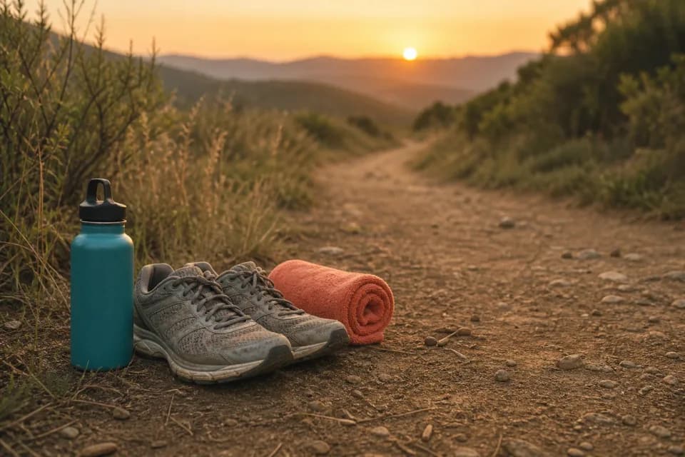BEGIN Pathway class artwork with shoes and a water bottle beside a sunrise trail.