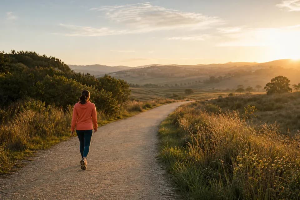 A person following a wide trail into warm morning light.